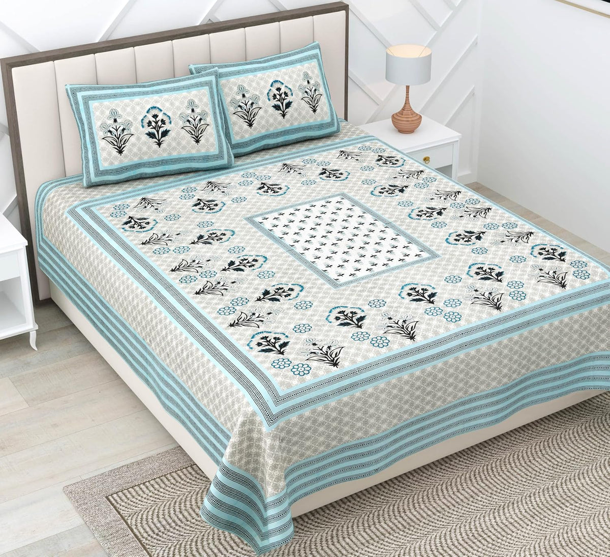 Suitable For King Size Bedsheet With 2 Pillow Cover - 90 X 108 Inches, Grey & Sky Blue | Soft, Breathable & Skin-Friendly Feel For Year-Round Comfort