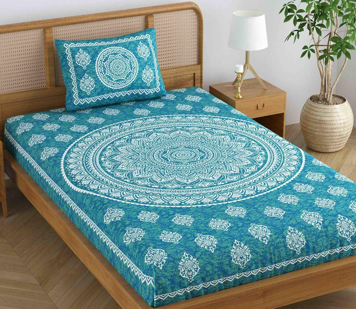 Single Bedsheet With 1 Pillow Covers - 54 X 84 Inches, Sea Green | Long Lasting & Soft 120 Thread Count Bedsheet | Traditional Jaipuri Printed Bedsheet