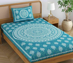 Single Bedsheet With 1 Pillow Covers - 54 X 84 Inches, Sea Green | Long Lasting & Soft 120 Thread Count Bedsheet | Traditional Jaipuri Printed Bedsheet