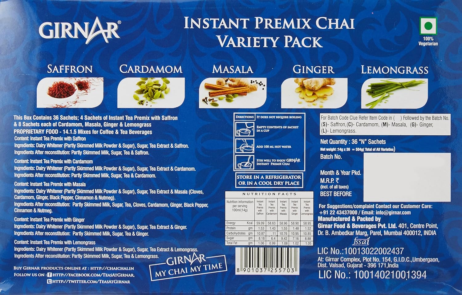Girnar Variety Pack Instant Premix Chai - 36 Sachets | 8 Sachets Each Of Cardamom, Ginger, Masala, Lemongrass + 4 Sachets Of Saffron Flavor - Caffeine Free