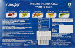 Girnar Variety Pack Instant Premix Chai - 36 Sachets | 8 Sachets Each Of Cardamom, Ginger, Masala, Lemongrass + 4 Sachets Of Saffron Flavor - Caffeine Free