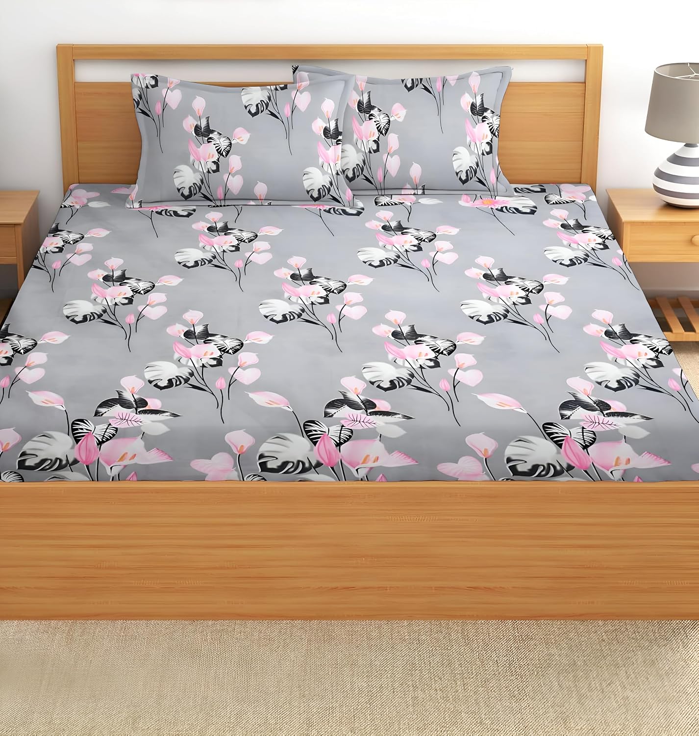 Printed King Size Bedsheet With 2 Matching Pillow Covers - 90 X 90 Inches, Grey & Pink | Durable & Long-Lasting | Naturally Soft, Breathable, & Skin-Friendly