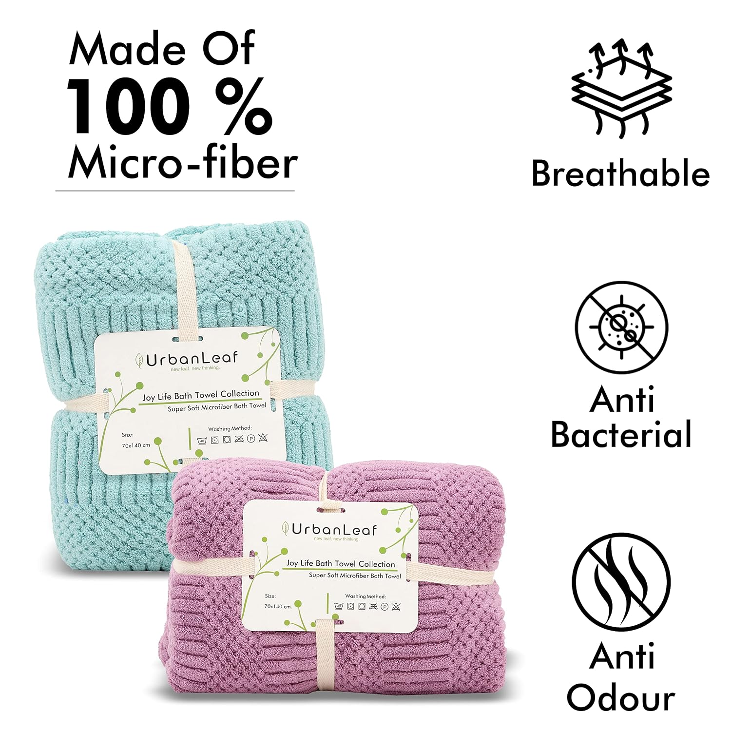 Urbanleaf Microfiber Large Bath Towel 300 Gsm | Quick Dry Super Absorbent Bath Towel For Men & Women | Pack Of 2 (Light Green & Purple)