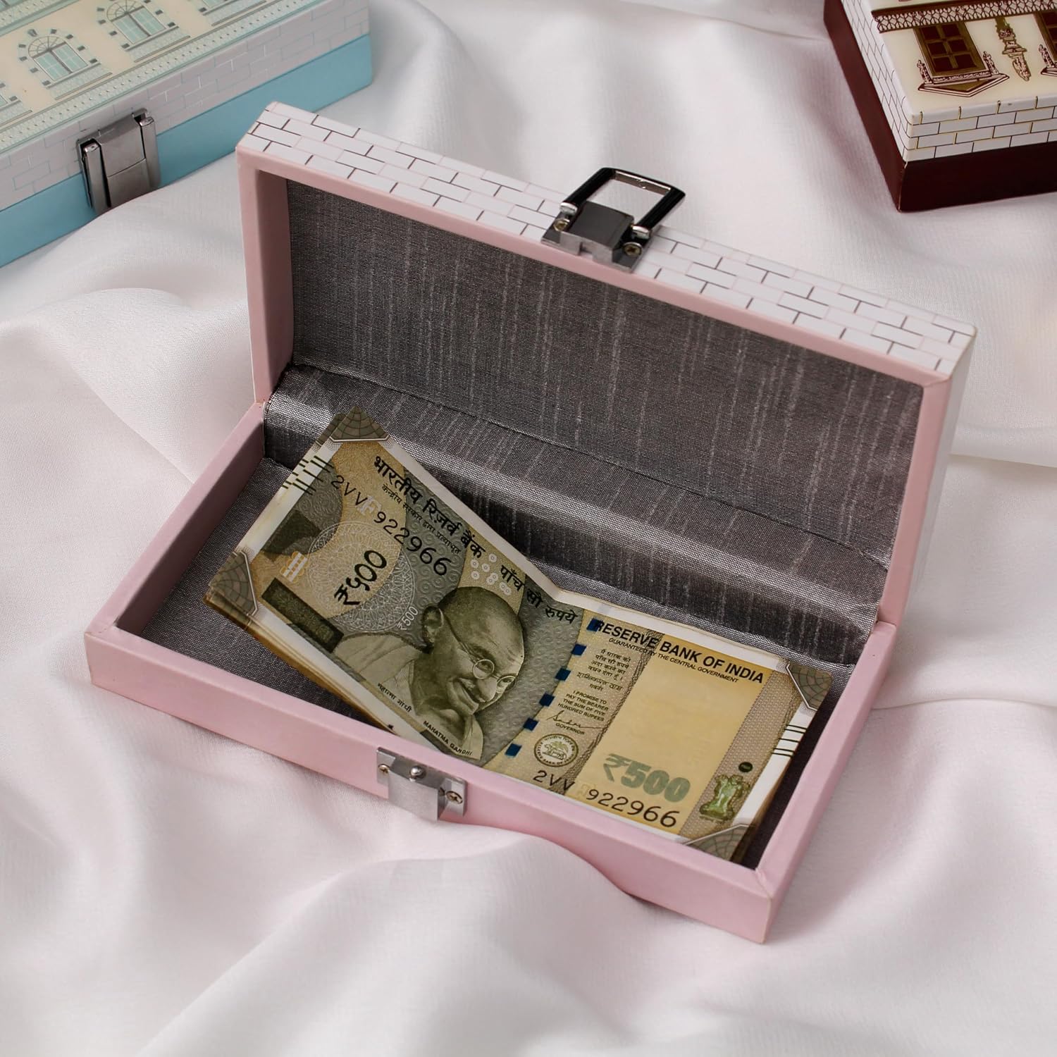 Roman Wooden Printed Cash Box Versatile For Shagun, Gifting, Gaddi, & Jewellery, Perfect For Shagun Envelopes, Wedding Gifts, Colour - Pink, Special Feature - Portable