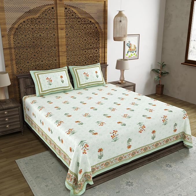 Hand Block Printed Cotton King Size Bedsheet With 2 Pillow Covers, 90 X 108 Inches, White | 200 Thread Count-Good For Villas, Resorts, Guest Houses, & Daily Home Use