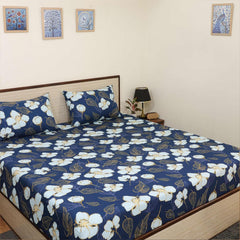 Bedsheet For Single Bed With Pillow Covers Breathable & Soft Classic Floral Beauty Design - 68 X 90 Inch, Blue | 186 Thread Count