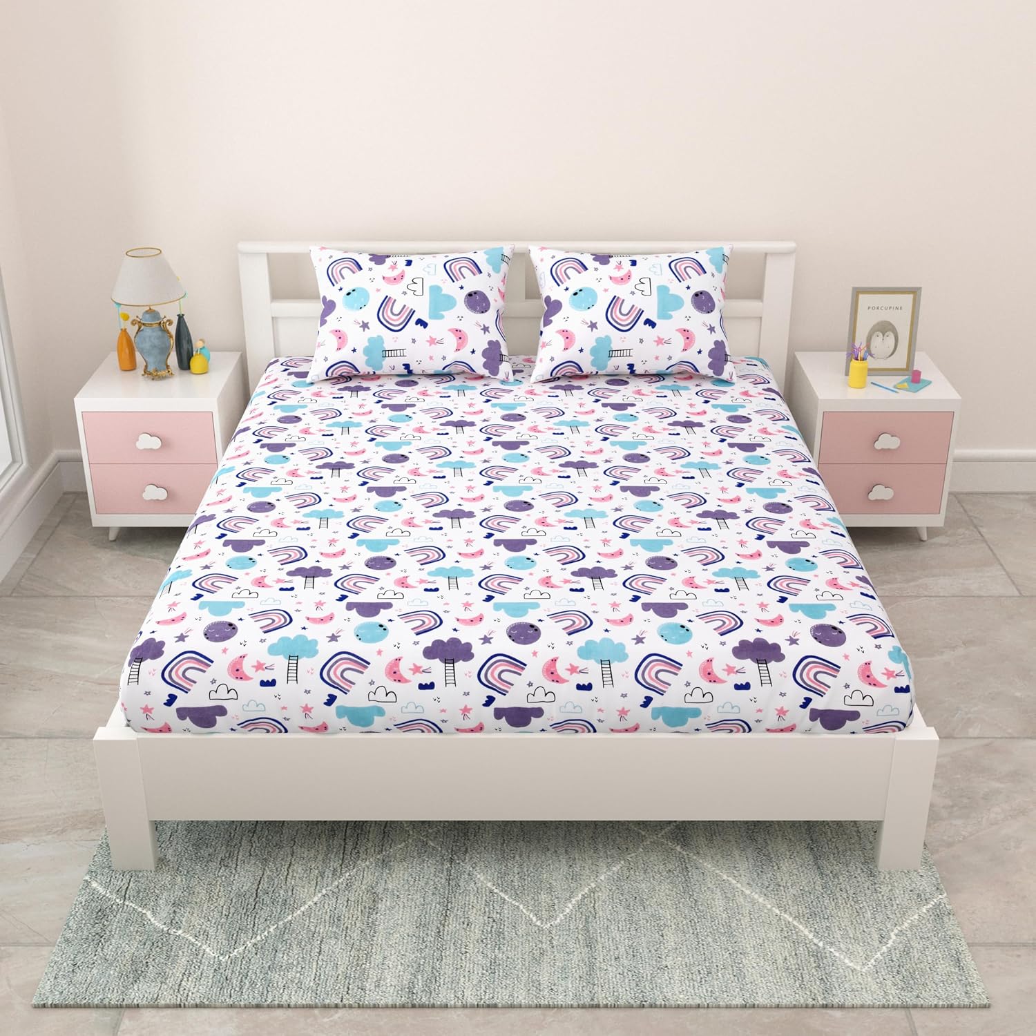 Pure Cotton Kids Bedsheet Double Bed Queen Size With 2 Pillow Covers | 90 X 100 Inches, White & Lavender | Fun Cartoon Theme, Soft & Breathable Fabric