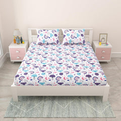 Pure Cotton Kids Bedsheet Double Bed Queen Size With 2 Pillow Covers | 90 X 100 Inches, White & Lavender | Fun Cartoon Theme, Soft & Breathable Fabric