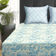 1 Piece Microfiber Bedsheet For Double Bed With 2 Pillow Covers - 88 X 98 Inches, Off White & Sky Blue | Cotton Bedsheet, Breathable & Wrinkle Free
