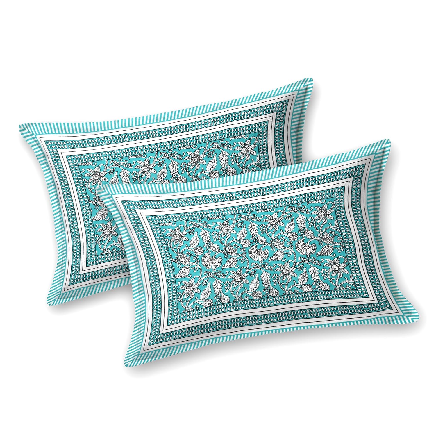 Bedsheet For Queen Bed With 2 Pillow Covers - 90 X 108 Inches, Aqua Blue | Pure Cotton Traditional Jaipuri Printed | Ideal For Both Everyday Use & Special Events