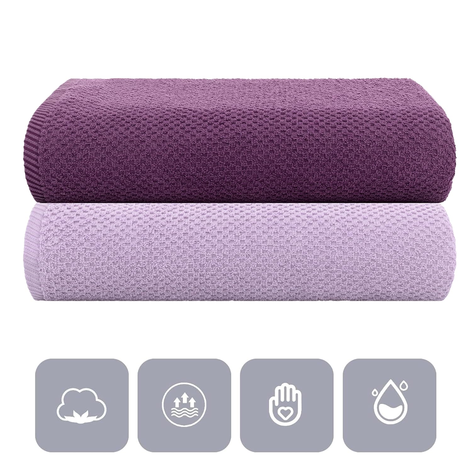 Casa Copenhagen Designed In Denmark Popcorn Super Soft 2 Pieces 100% Cotton Large Bath Towel 525 Gsm - Dark Purple & Purple Rose