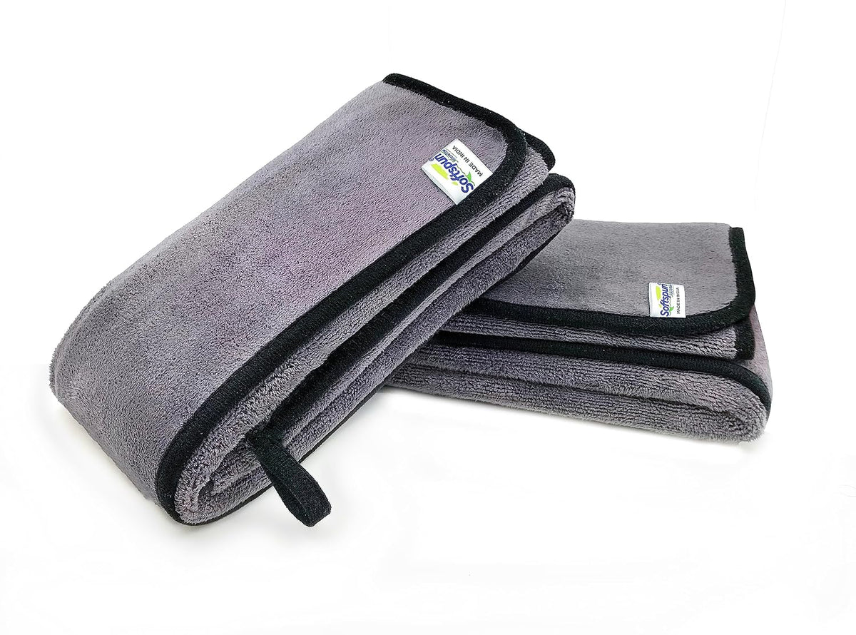 Softspun Microfiber Super Absorbent Cloth 500 Gsm | Silk Banded Edge Towel Set Extra Thick Microfiber Cleaning Cloths Perfect For Bike Auto Cars Both Interior & Exterior | Pack Of 2 (Grey)