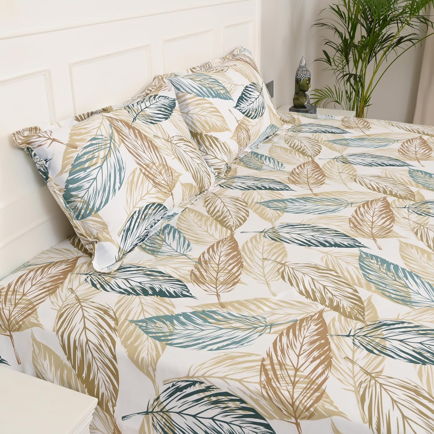 Super King Pure Cotton Bedsheet With 2 Pillow Covers | 108 × 108 Inches, Beige & Green | Soft Breathable Floral Design Bedding | Comfortable Sleep All Year