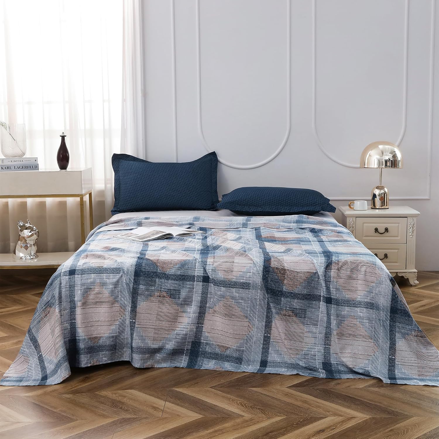 Bedsheets For Double Bed With 2 Pillow Cover - 92 X 98 Inches, Off White & Blue | Satin Finish Microfiber Queen Size Bedsheet | Skin Friendly & Breathable Fabric
