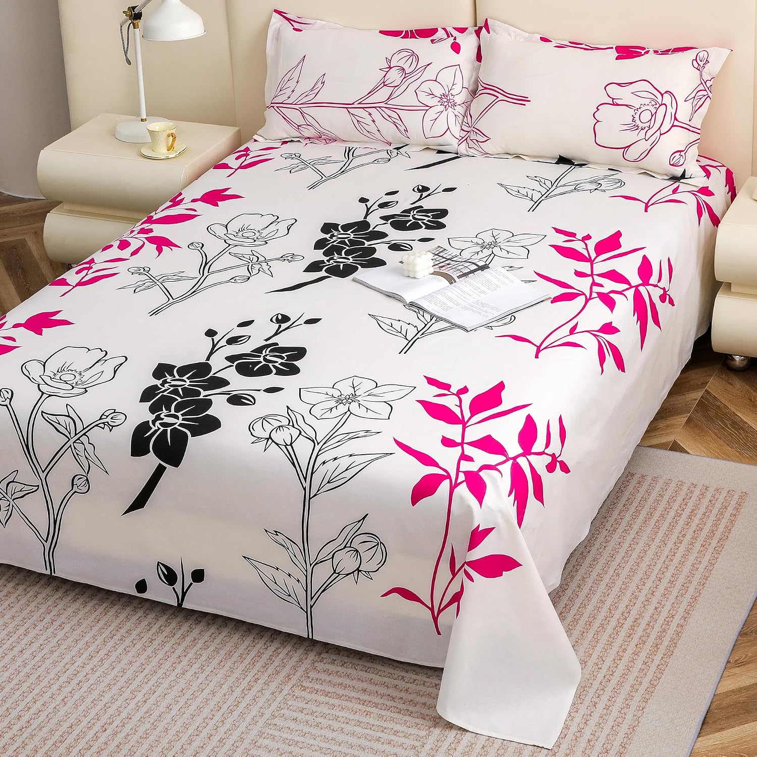 King Size Bedsheet With 2 Pillow Covers - 88 X 106 Inches, Pink & Black | Summer Breathable & Wrinkle Free | Bedsheet Long Lasting & Soft To Touch