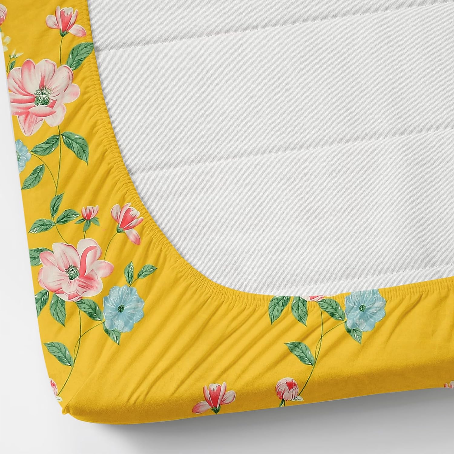 Printed Double Bedsheet With 2 Pillow Cover - 72 X 78 X 6 Inches, Yellow | All Around Elastic Fitted Bedsheet | Super Soft Polycotton With 200 Thread Count