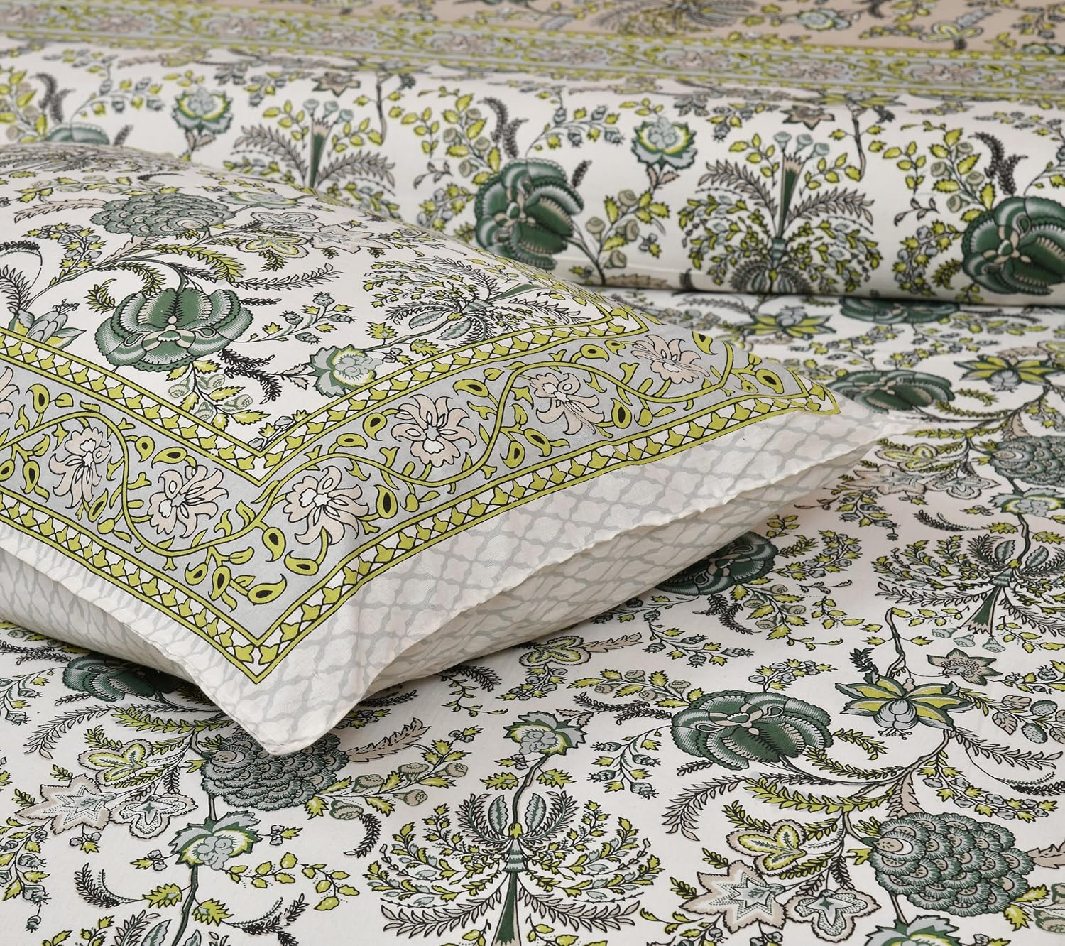 Jaipuri Bedsheet For Double Bed With 2 Pillow Covers - 90 X 108 Inches, Beige & Green | Pure Cotton Bedsheet King Size Bed | Soft & Breathable Fabric