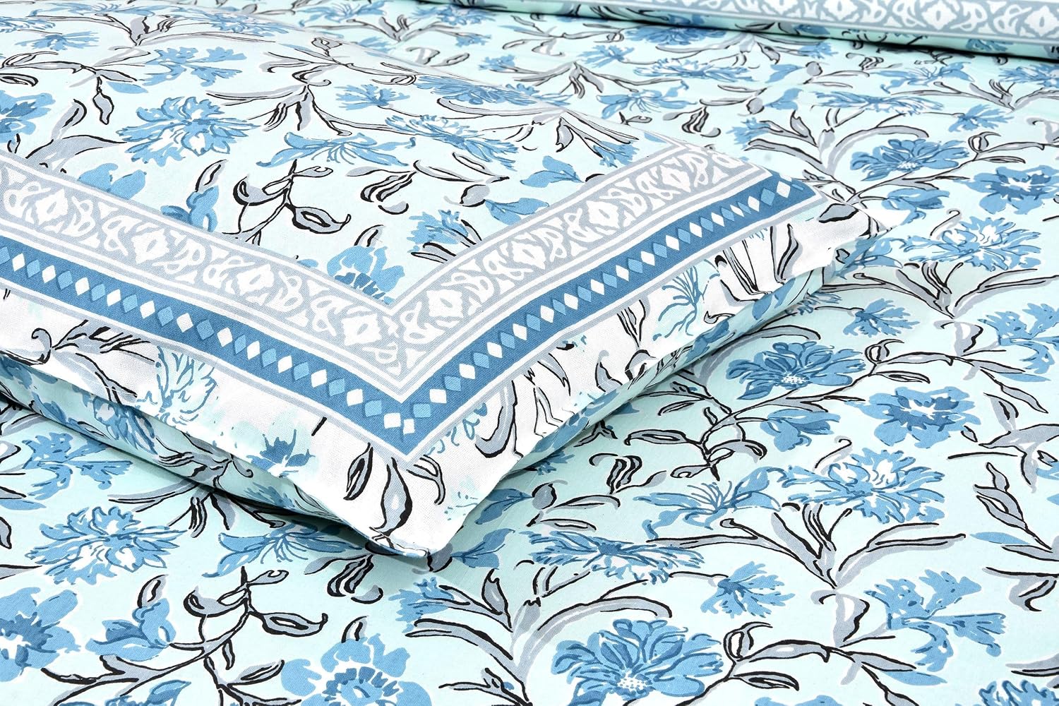 Traditional Rajasthani Design Bedsheet With 2 Pillow Covers - 90 X 108 Inches, Baby Blue & Grey | Color Fade Resistant & Shrinkage Resistant For All-Season Use