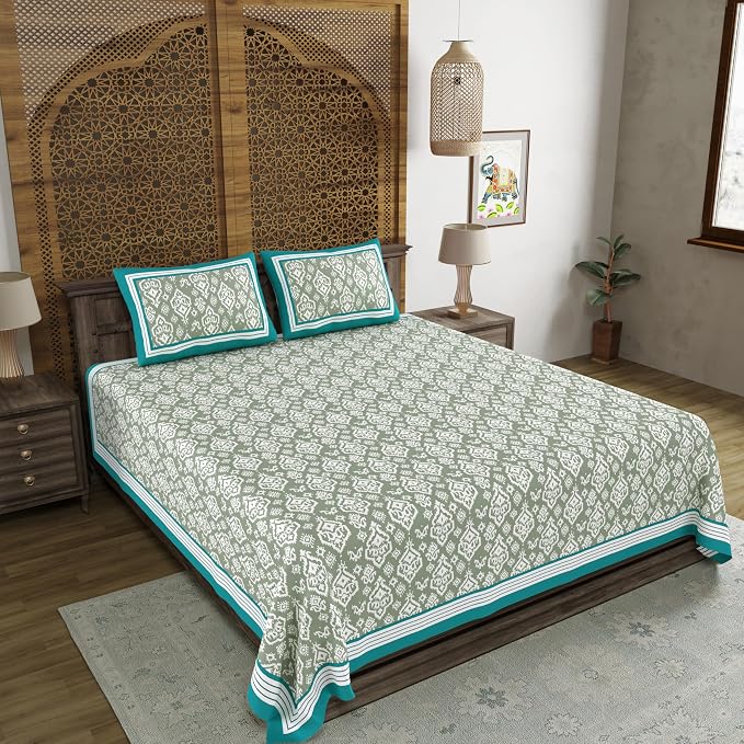 Hand Block Printed Cotton King Size Bedsheet With 2 Pillow Covers, 106 X 106 Inches, Teal Green | Good For Villas, Guest Houses, & Daily Home Use