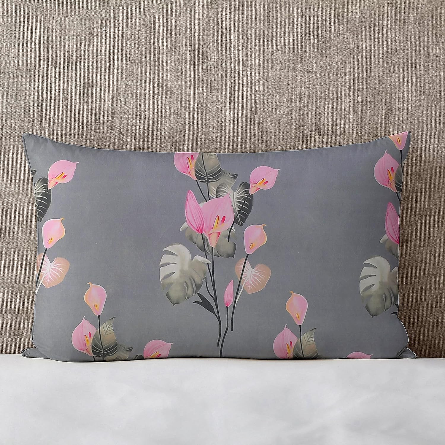 Printed Double Bedsheets With 2 Pillow Covers - 90 X 90 Inches, Grey & Pink | Super Soft Premium Brushed Glace Cotton Bedsheet