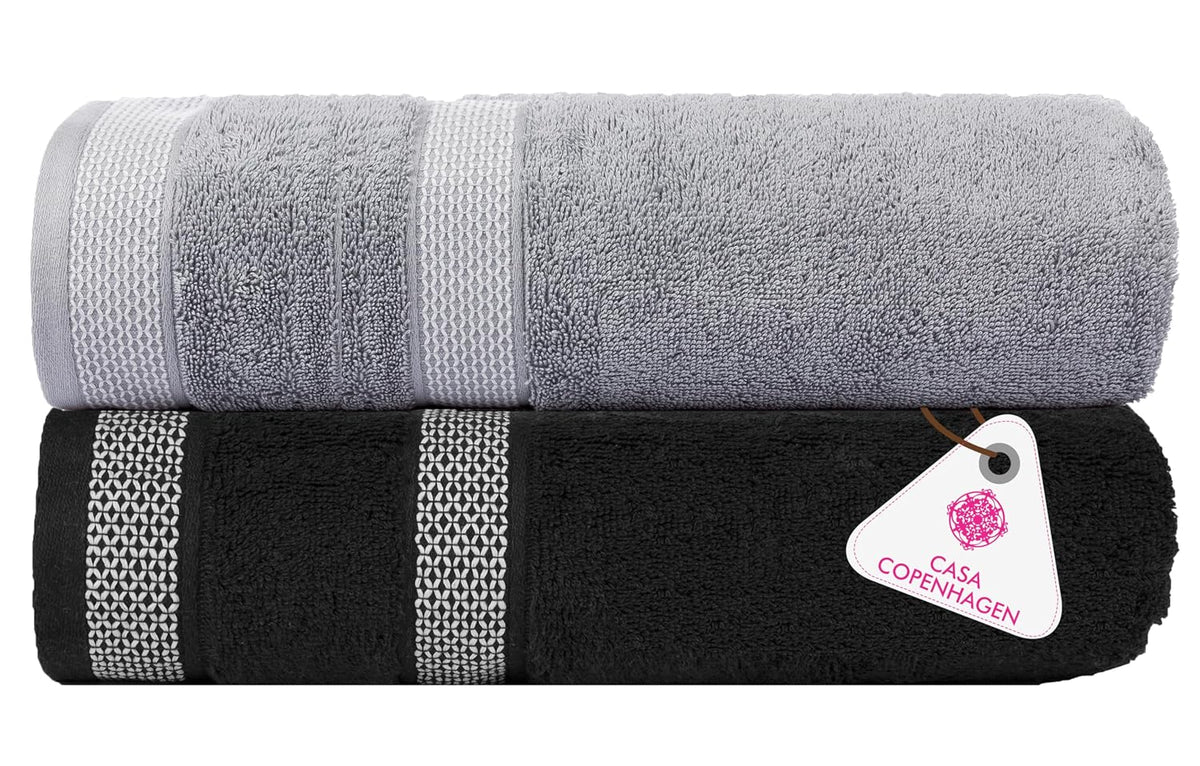Casa Copenhagen Designed In Denmark Solitaire Super Soft 2 Pieces 100% Cotton Large Bath Towel 525 Gsm - Black & Feather Grey