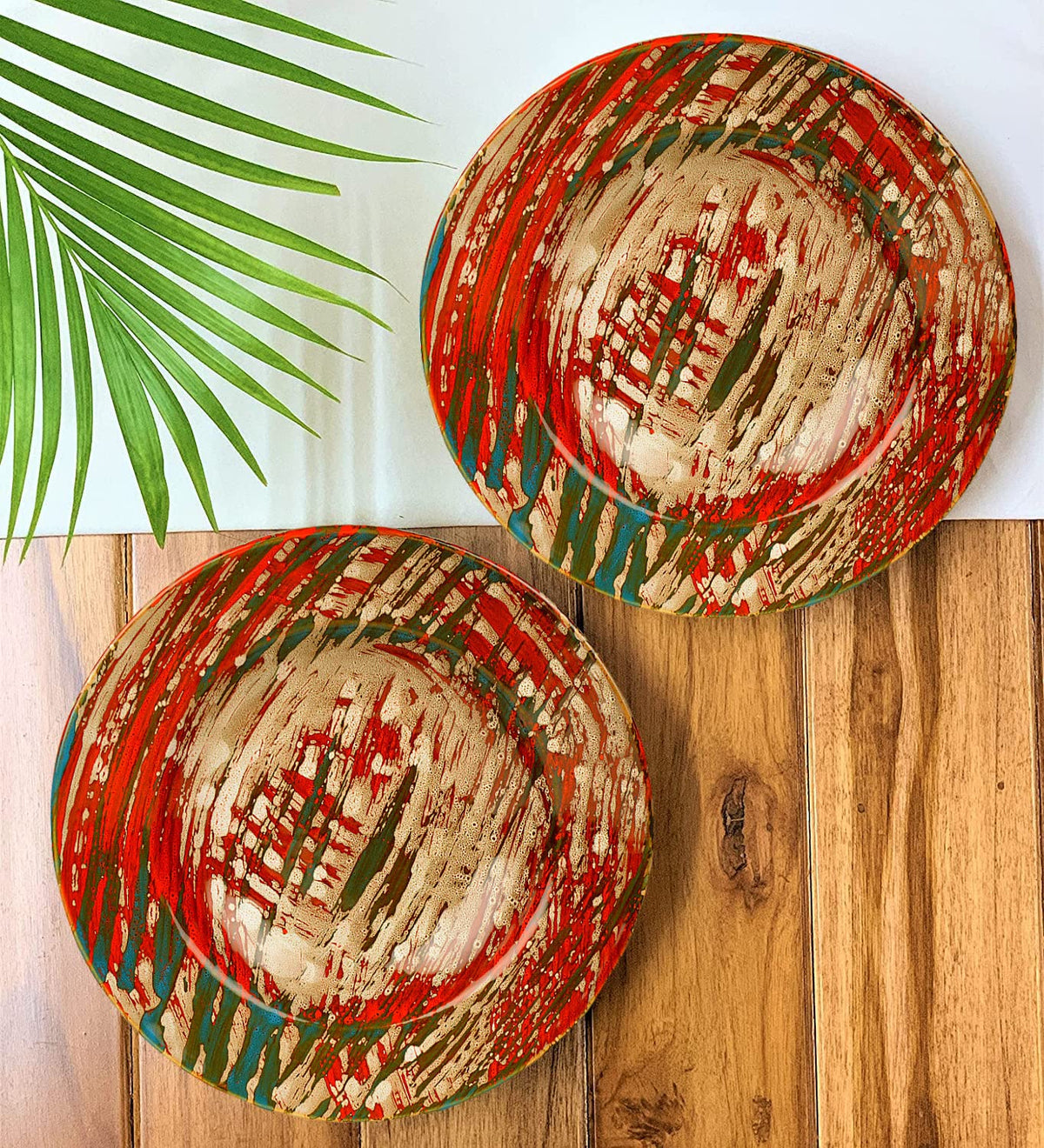 Hand Brush Stroke Ceramic Pasta Serving Plates Set Of 2 - 9 Inches, Multicolor | Soup Plates - Ceramic Maggi Plates