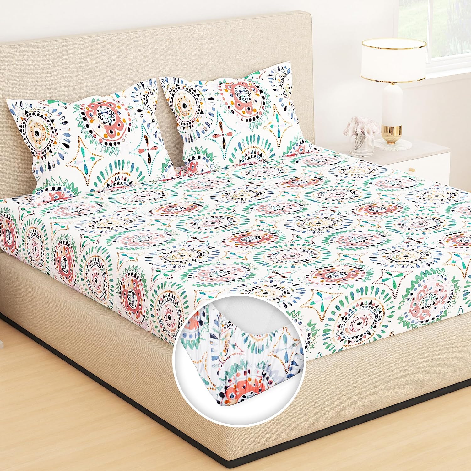 Fitted Bedsheets King Size With 2 Pillow Cover - 72 X 78 Inches, Multicolor | All Around Elastic Bedsheet - Crafted From Soft, Breathable Fabric