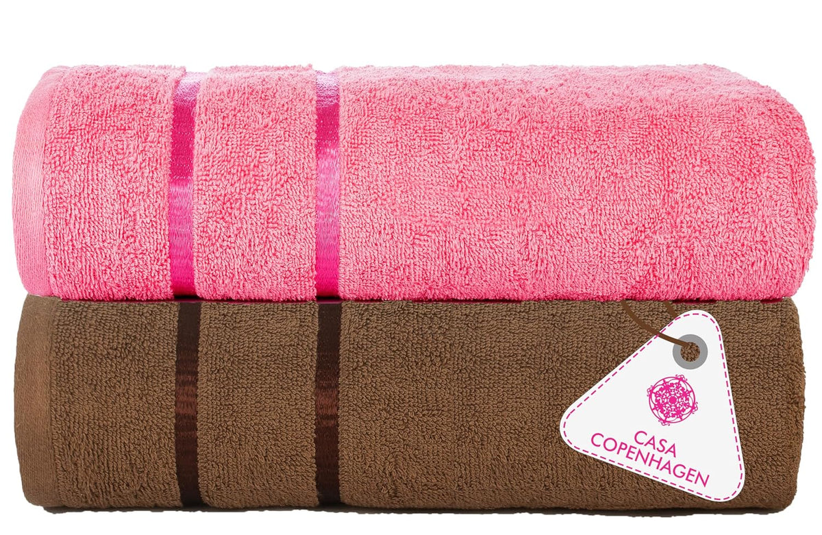 Casa Copenhagen Super Soft Eternal Collection 2 Pieces 100% Cotton Large Bath Towel 910 Gsm - Brown & Pink