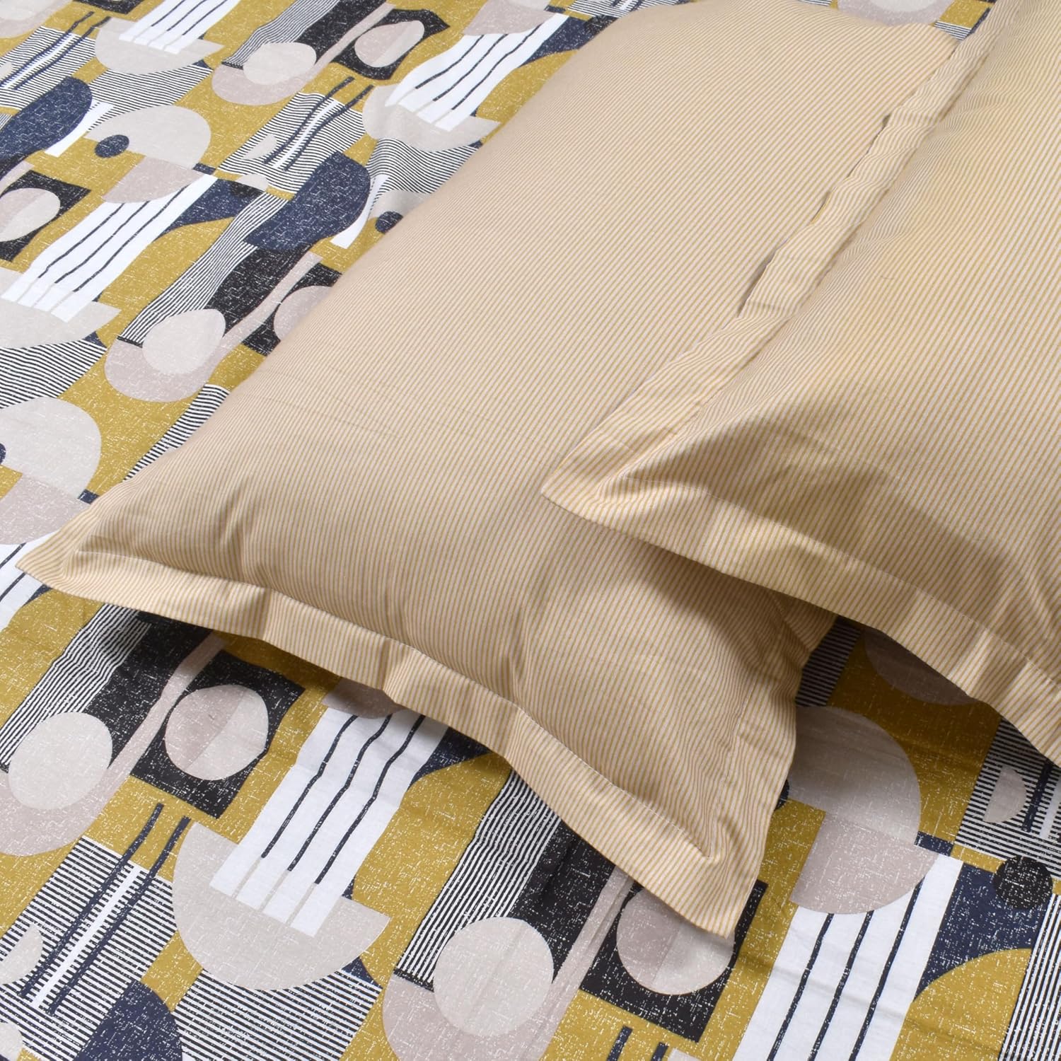 Cotton 144 TC Bedsheets For Double Bed With 2 Pillow Covers | Long Lasting & Soft To Touch - Soft & Comfortable | Queen Size - 88 X 96 Inches, Beige & Yellow