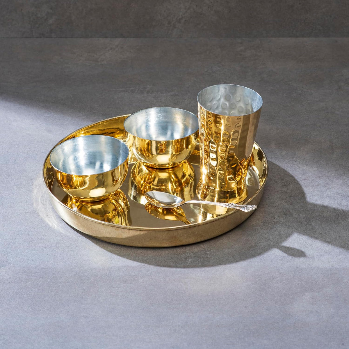 Golden Brass Dinner Thali Set, 5 Pieces - 1 Brass Thaali (11"), 2 Brass Katoris Or Bowls 1 Brass Glass, 1 Brass Spoon | Antique Look Beautiful Thaali Set