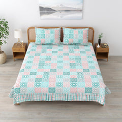 Sanskriti Bedsheet For Double Bed King Size With 2 Pillow Cover - 90 X 108 Inches, Green & Pink | Soft, Durable & Stylish | Breathable & Skin-Friendly