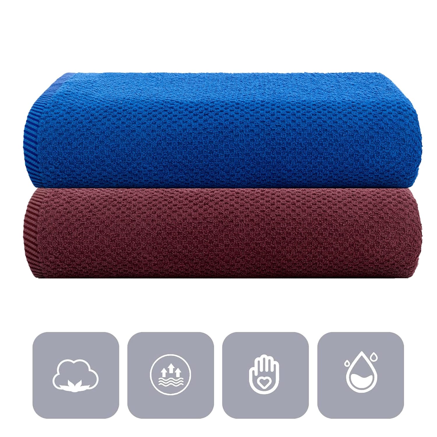 Casa Copenhagen Designed In Denmark Popcorn Super Soft 2 Pieces 100% Cotton Large Bath Towel 525 Gsm - Burgundy & Electric