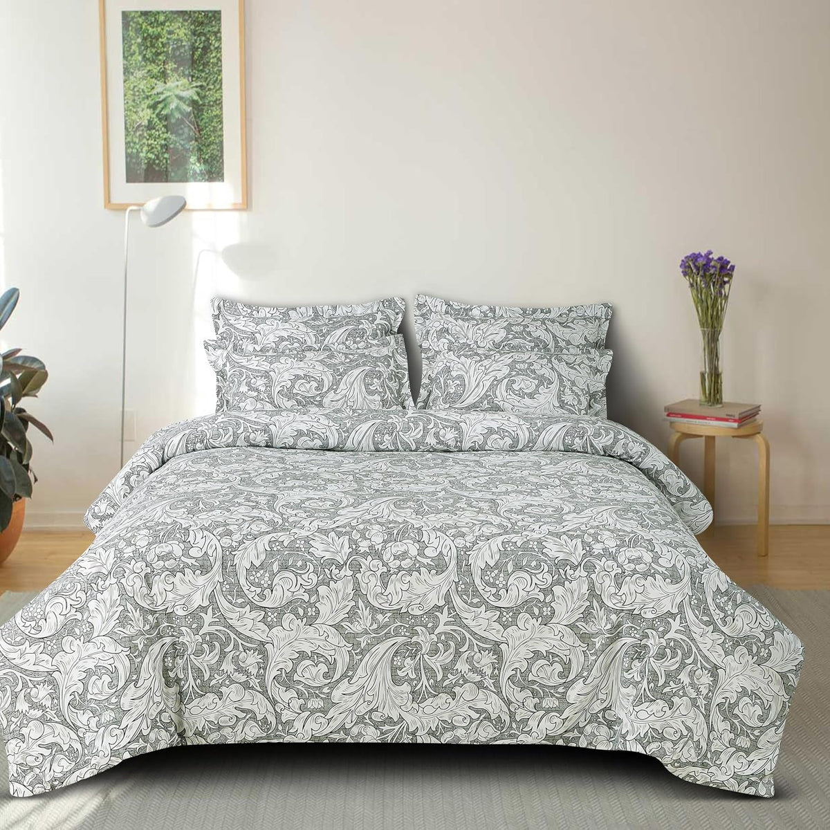 Printed Queen Size Double Bed Bedsheet With 2 Pillow Cover | 60 X 78 Inches, Grey & White - Breathable, Stain & Wrinkle Resistant | All Around Elastic Fitted Bedsheet