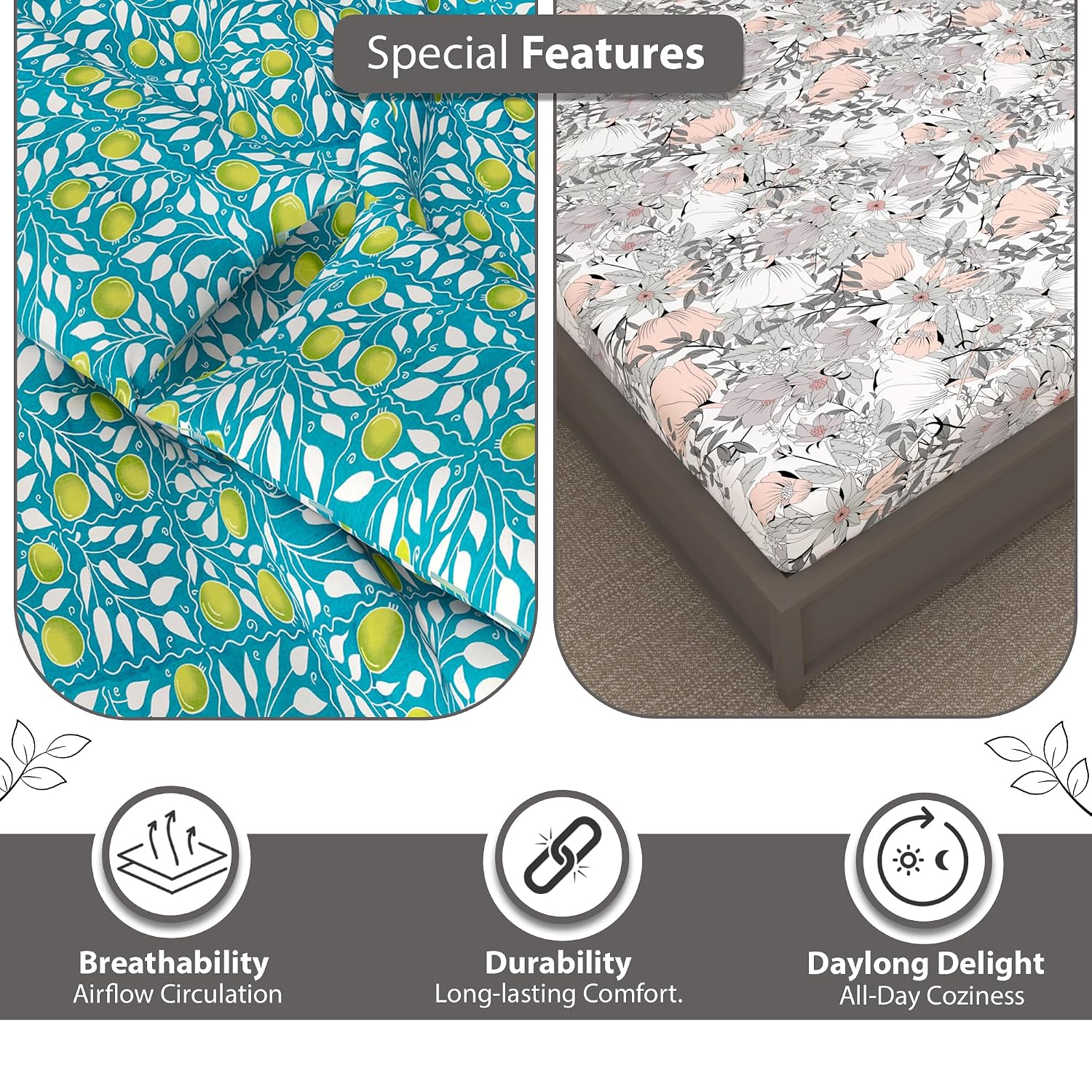 Combo 2 Single Bedsheet With 2 Pillow Cover - 57 X 87 Inches, Green & Grey | 144 Thread Count Lightweight, Soft, Skin Friendly - Durable Bedsheets For Everyday Comfort