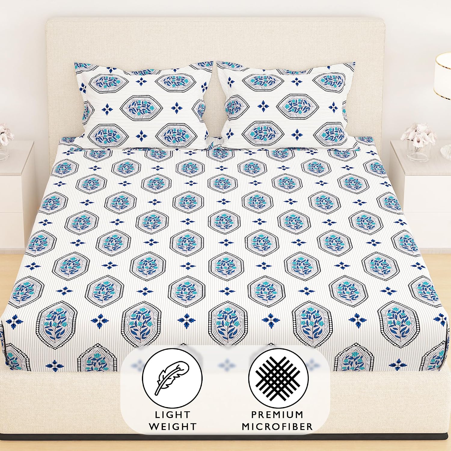 All Around Elastic Fitted Bedsheet With 2 Matching Pillow Covers - 60 X 72 Inches, Cream & Blue | Long Lasting Use & Everyday Luxury | Ideal For All Seasons