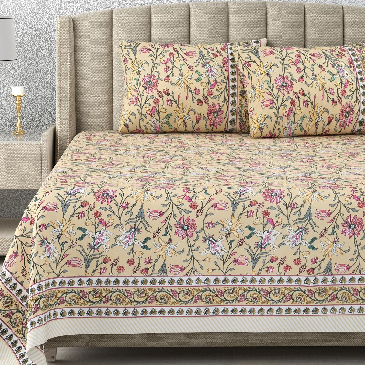 Jaipuri Cotton Bedsheet For King Size With 2 Pillow Covers | 90 X 108 Inches, Yellow | Ultra-Soft & Skin-Safe | Breathable Summer Comfort
