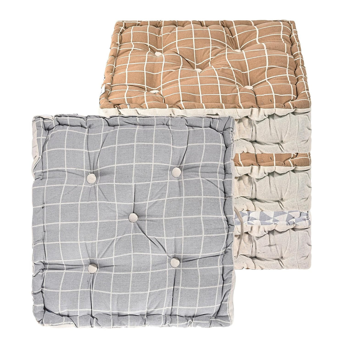 Soft Cotton Chair Cushions For Sitting, Button Pillow, Printed - Brown & Light Grey | For Office Work & Posture Support | Sitting Cushion & Back Rest For Chair | Pain Relief - Pack Of 4