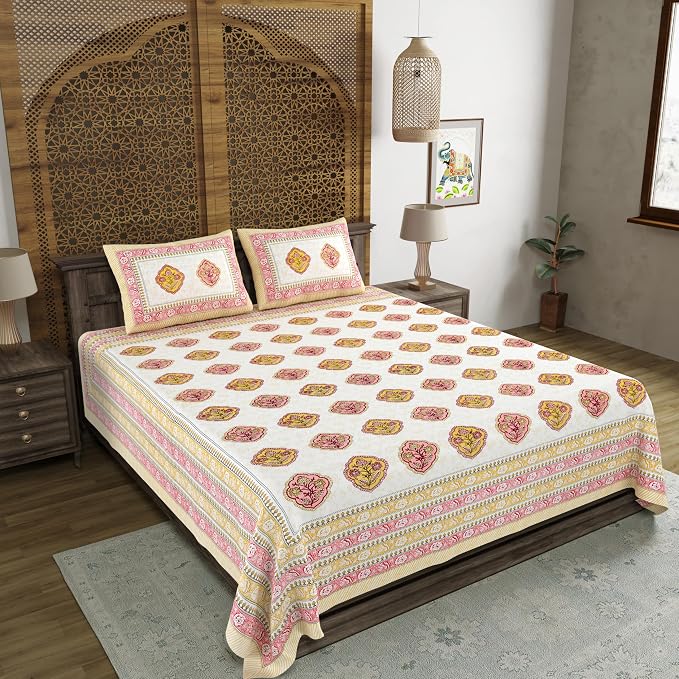 Hand Block Printed Cotton King Size Bedsheet With 2 Pillow Covers, 90 X 108 Inches, Yellow | Good For Villas, Guest Houses, & Daily Home Use