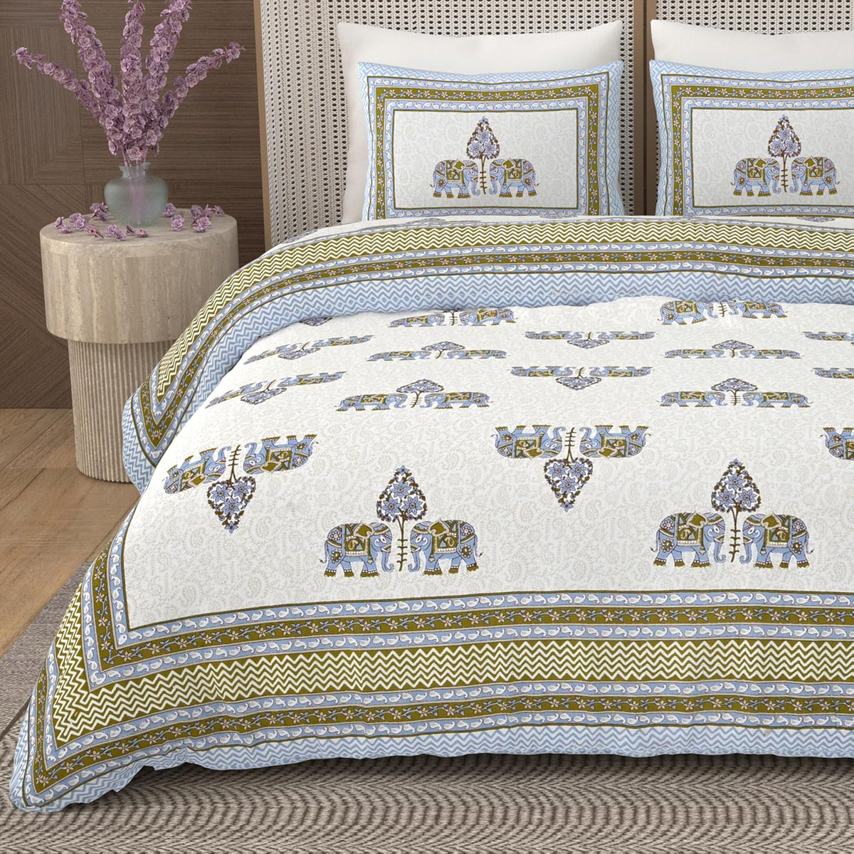 1 Queen Size Bedsheet For Double Bed With 2 Pillow Covers (90 X 108 Inches) Off White & Grey | Beautiful Printed Designs - Breathable 100% Cotton Bedsheet Comfortable