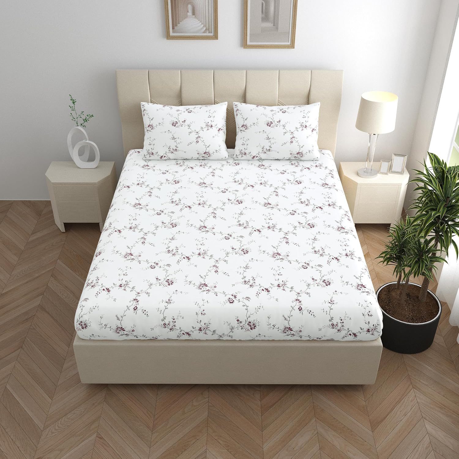 Luxury Bedsheet Queen Size With 2 Pillow Cover - 60 X 78 Inches, White & Grey | Printed All Around Elastic Fitted Bedsheet | Durable & Fade-Resistant