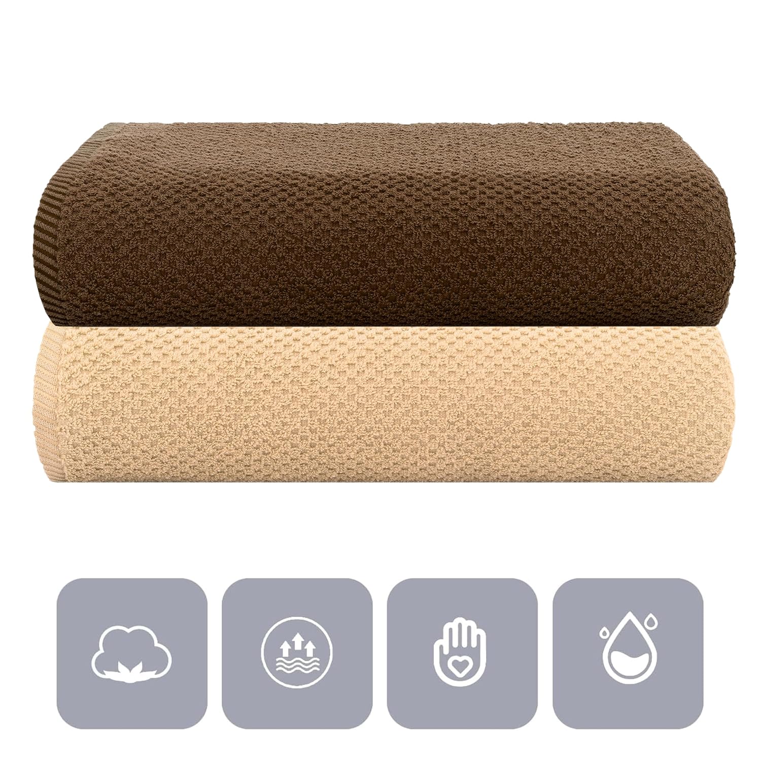 Casa Copenhagen Designed In Denmark Popcorn Super Soft 2 Pieces 100% Cotton Large Bath Towel 525 Gsm - Beige & Brown
