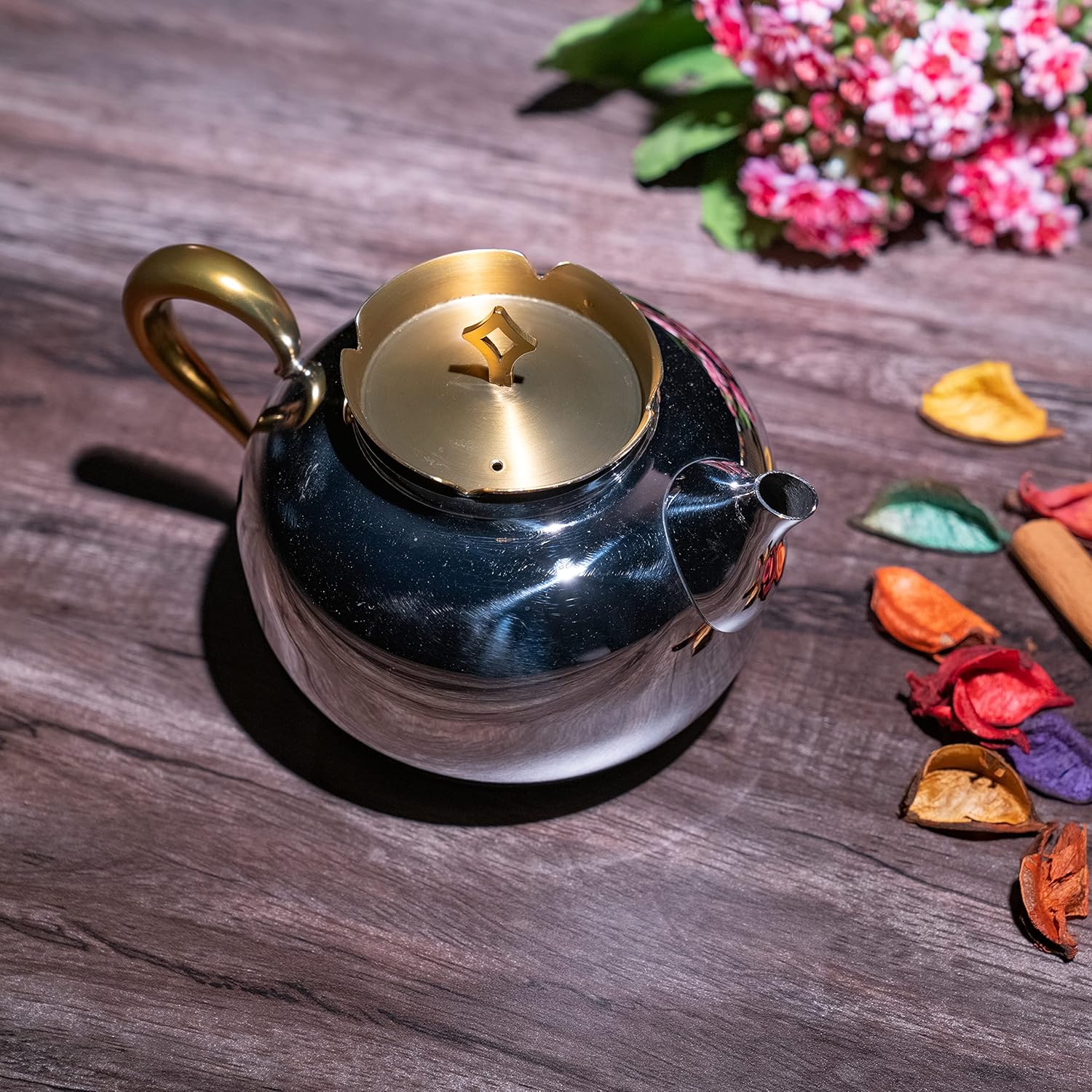 Designer Stainless Steel Tea Serving Pot With Lid & Handle, Silver & Gold - Aladdin Series | Coffee Kettle For Home, Kitchen