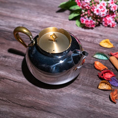 Designer Stainless Steel Tea Serving Pot With Lid & Handle, Silver & Gold - Aladdin Series | Coffee Kettle For Home, Kitchen