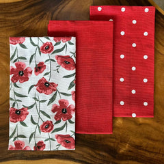 Oak & Lily 100% Cotton Kitchen Napkins Dish Towels 350 Gsm | Premium European Quality Washable, Large Size Kitchen Cloth For Roti, Cleaning, Drying | Red Poppy Print (Set Of 3)