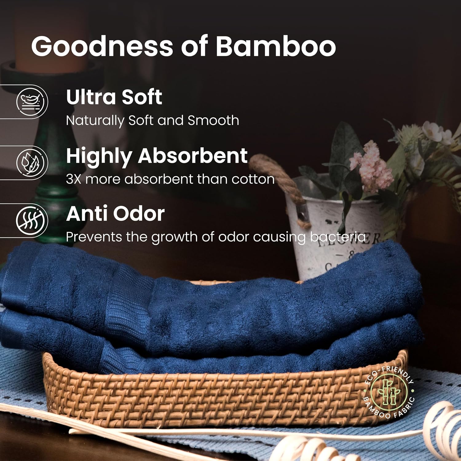 Mush Bamboo 100% Bamboo Hand Towels 400 Gsm | Ultra Soft, Absorbent & Quick Dry Towel (Navy Blue & White) - Set Of 2
