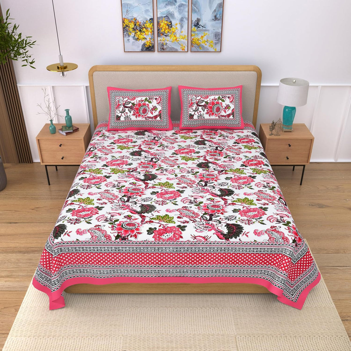 Traditional Rajasthani Design Bedsheet With 2 Pillow Covers - 90 X 108 Inches, Rose Pink | Color Fade Resistant & Shrinkage Resistant For All-Season Use