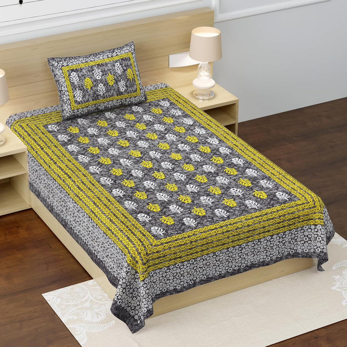 100% Cotton Single Bed Sheet With 1 Pillow Cover - 56 X 86 Inches, Grey & Green | Super Soft Microfiber, Breathable Wrinkle, Fade Resistant
