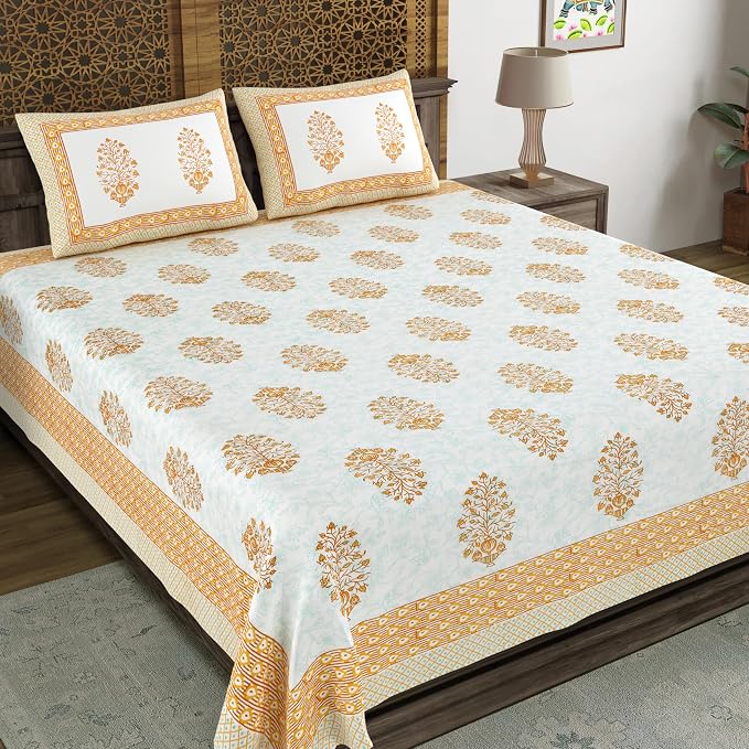 Traditional Hand Block Printed Cotton King Size Bedsheet With 2 Pillow Covers, 90 X 108 Inches, White | 200 Thread Count-Vibrant Bedding For Stylish Bedrooms