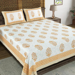 Traditional Hand Block Printed Cotton King Size Bedsheet With 2 Pillow Covers, 90 X 108 Inches, White | 200 Thread Count-Vibrant Bedding For Stylish Bedrooms