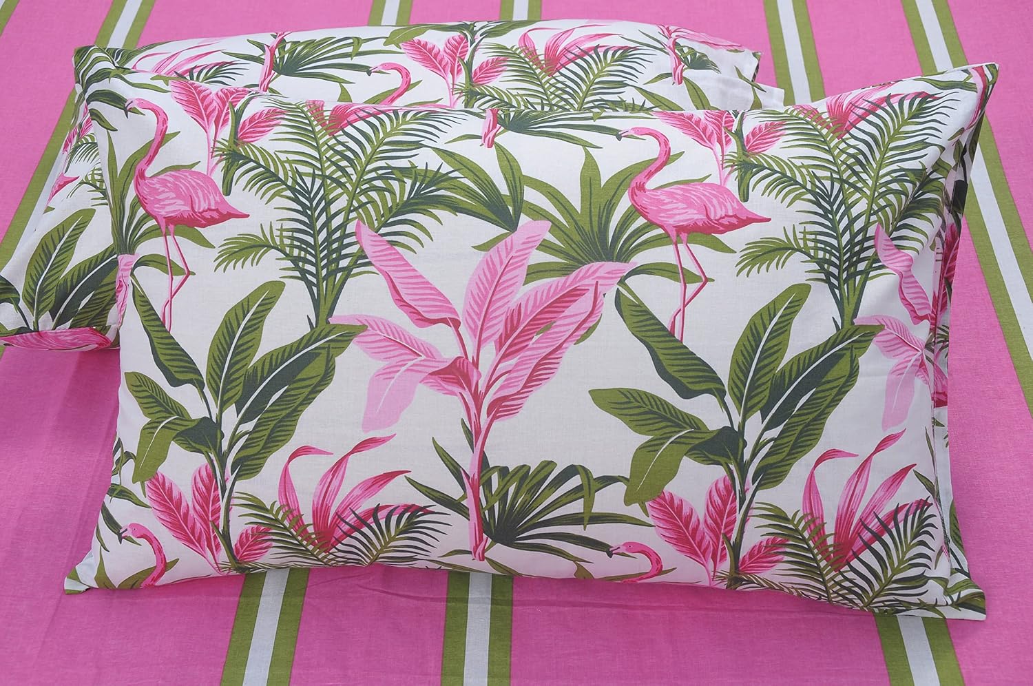Bedsheets For King Size Bed With 2 Pillow Covers - 108 X 108 Inches | Stripes & Flamingos Pink & Green | Perfect For Home Decor & Gifts | 144 Thread Count